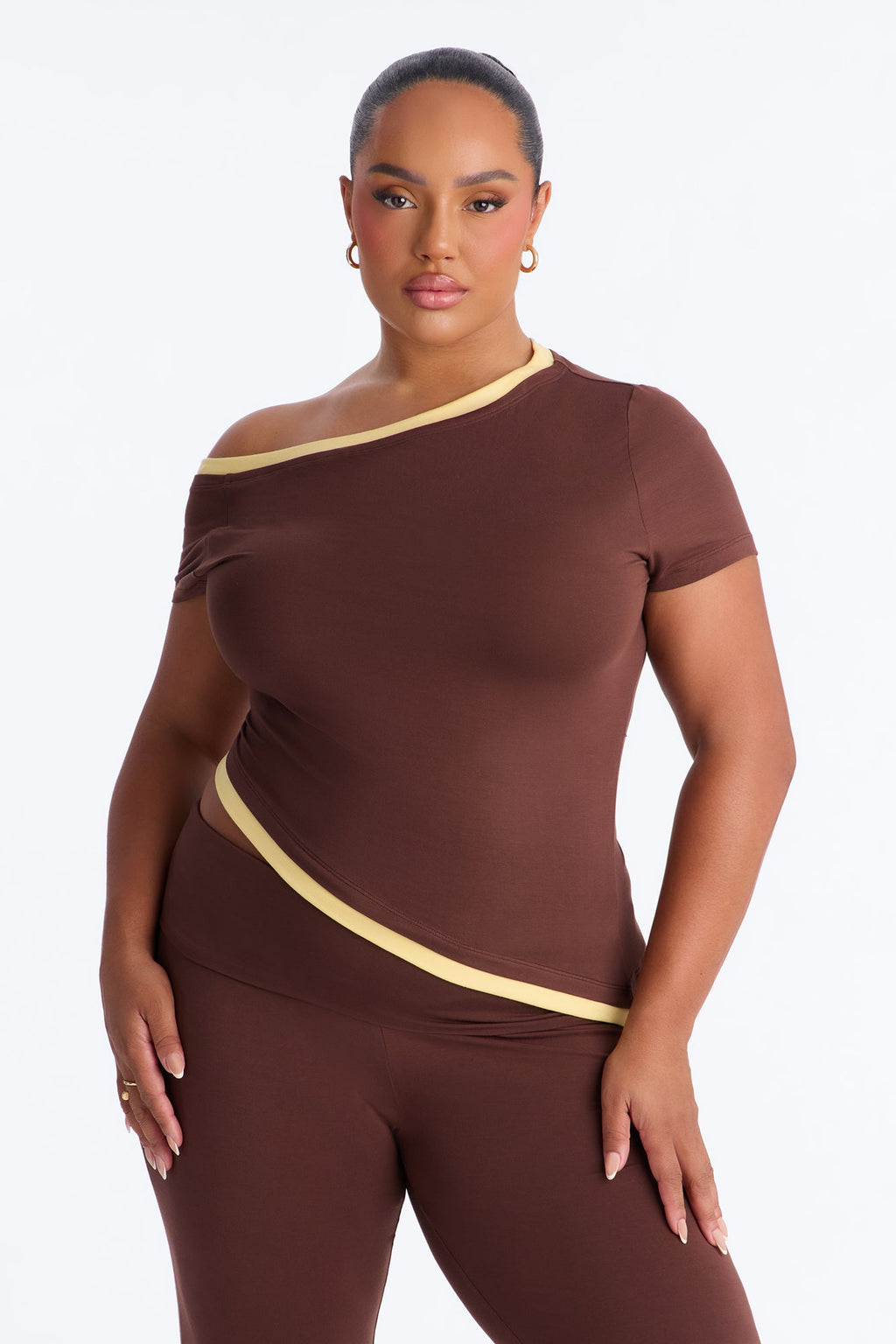 Coco Contrast Foldover Pant Set - Brown/combo