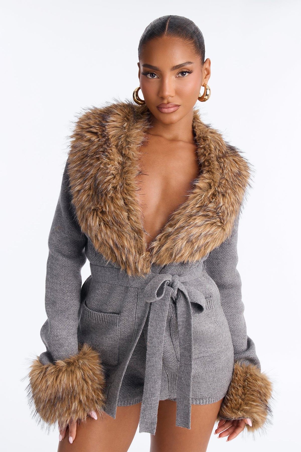 Laura Faux Fur Trim Sweater Short Set - Grey/combo