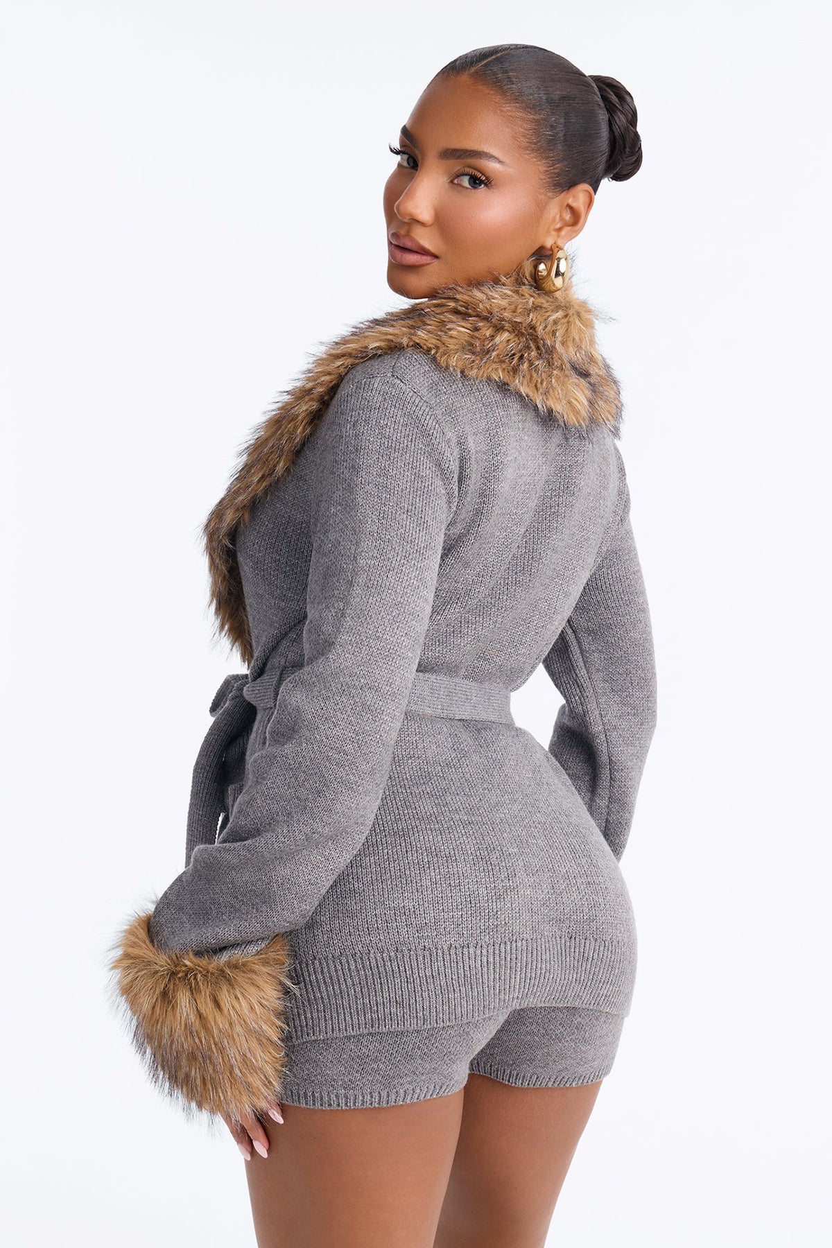 Laura Faux Fur Trim Sweater Short Set - Grey/combo