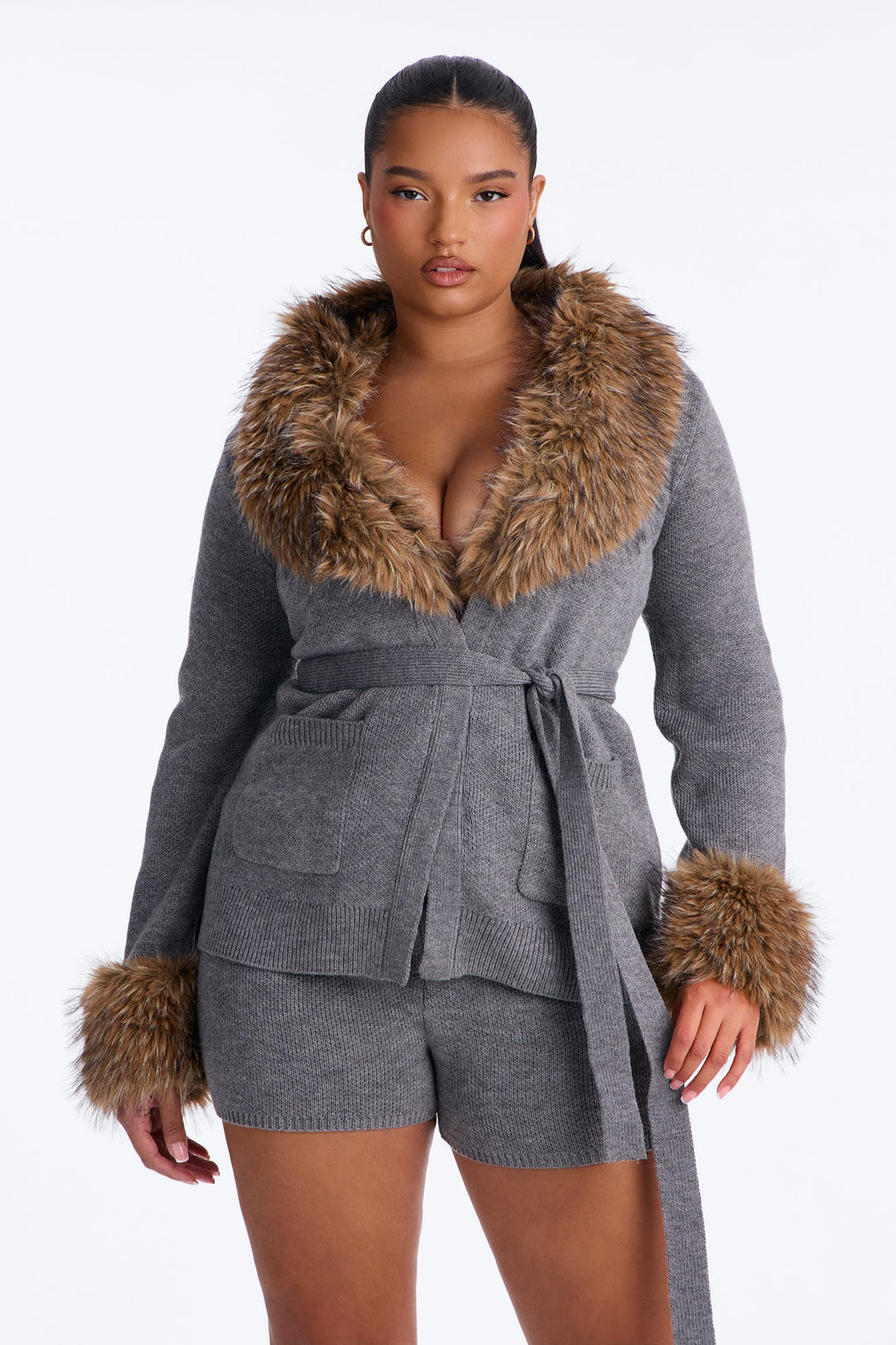 Laura Faux Fur Trim Sweater Short Set - Grey/combo