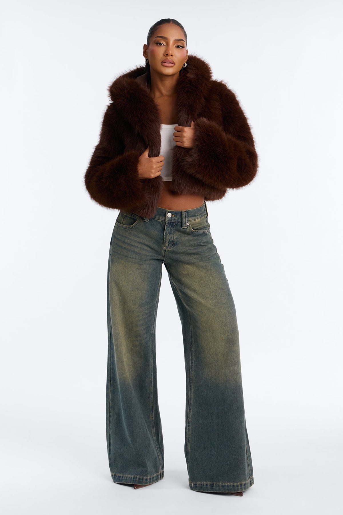 Soft Love Faux Fur Cropped Coat - Chocolate/Combo