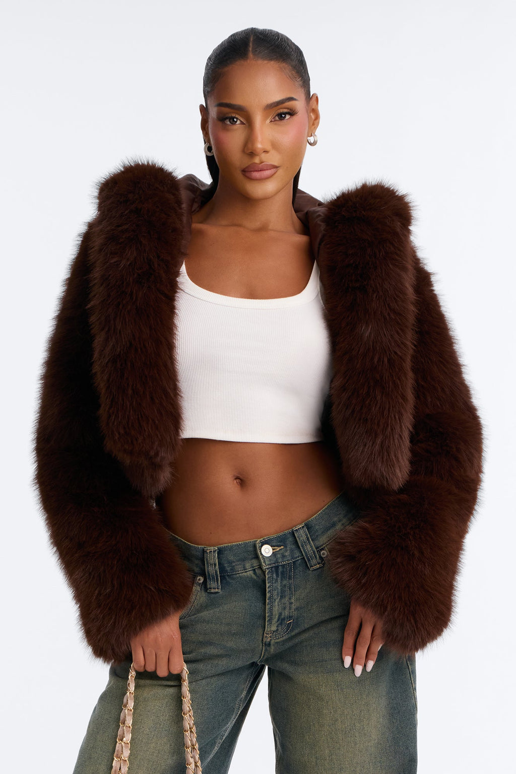 Soft Love Faux Fur Cropped Coat - Chocolate/Combo