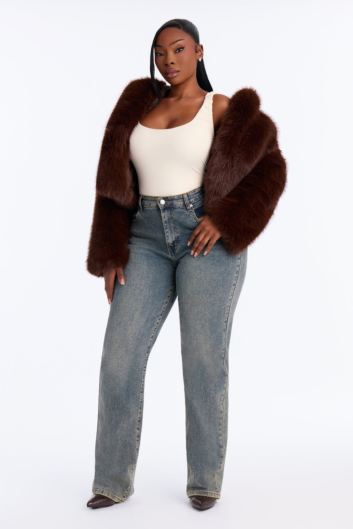 Soft Love Faux Fur Cropped Coat - Chocolate/Combo