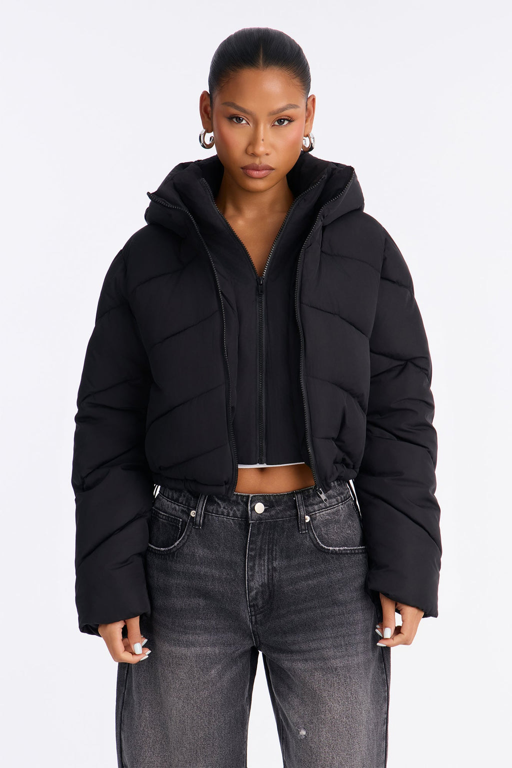 Pippa Cropped Layered Puffer Jacket - Black