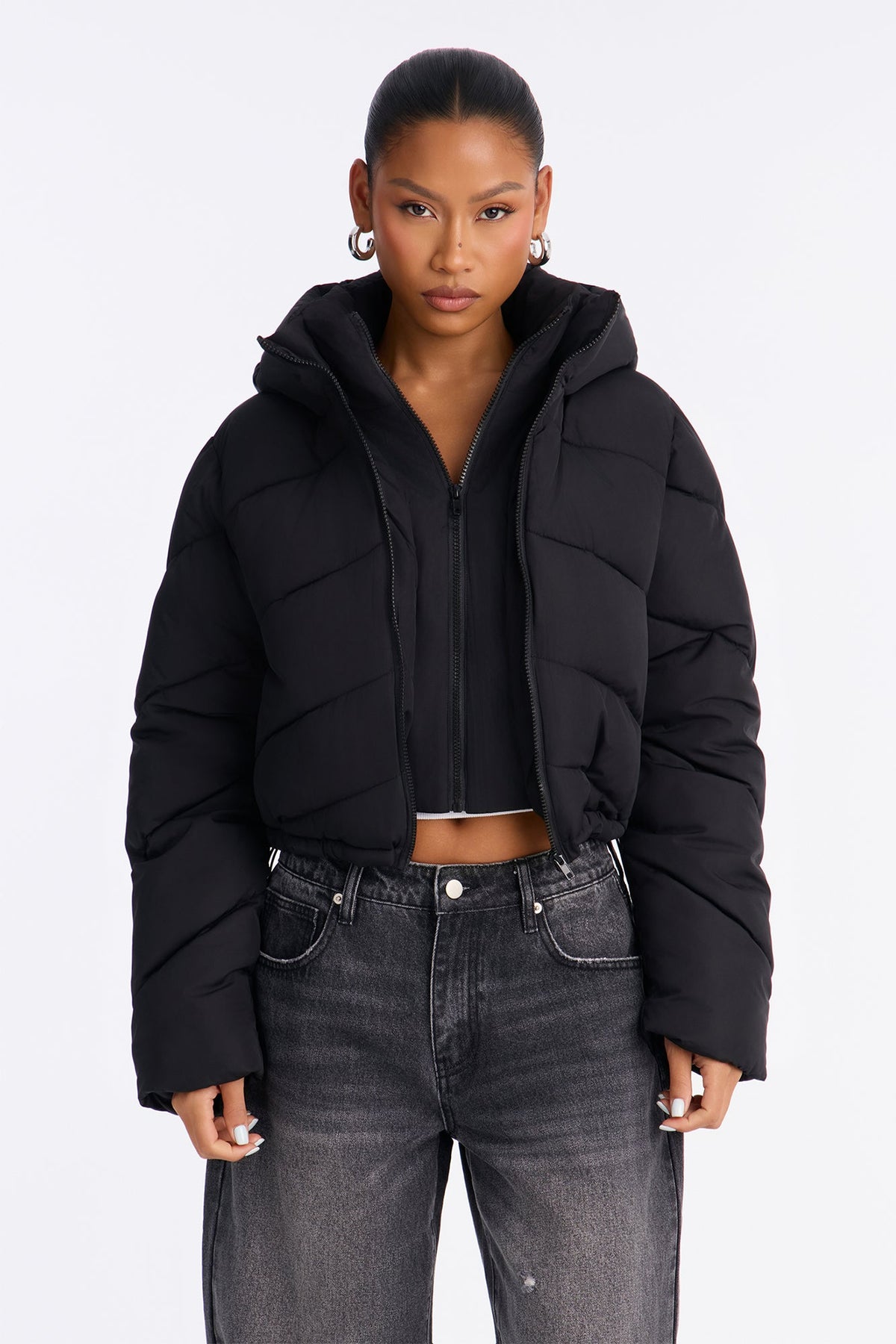 Pippa Cropped Layered Puffer Jacket - Black