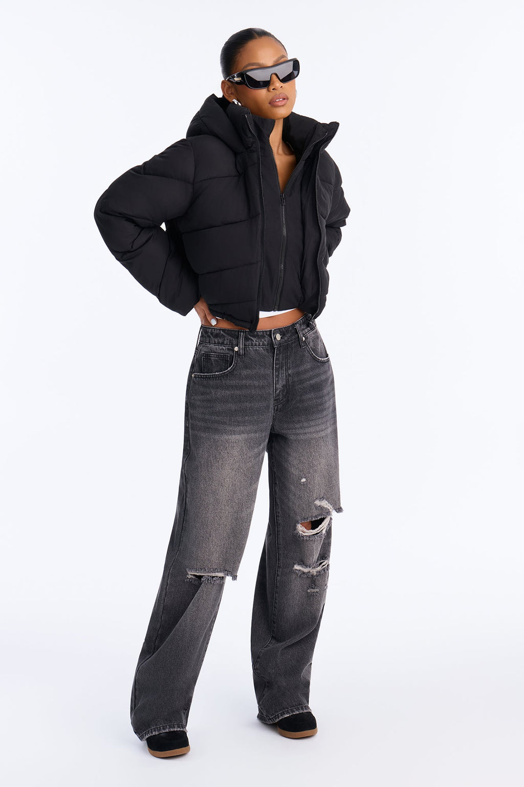 Pippa Cropped Layered Puffer Jacket - Black