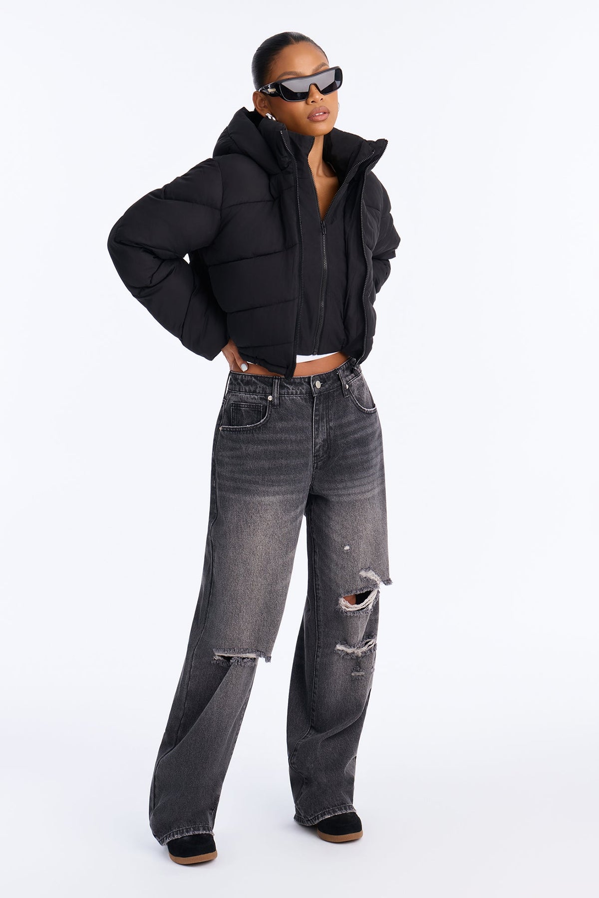 Pippa Cropped Layered Puffer Jacket - Black