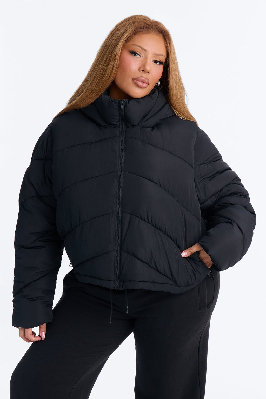 Pippa Cropped Layered Puffer Jacket - Black