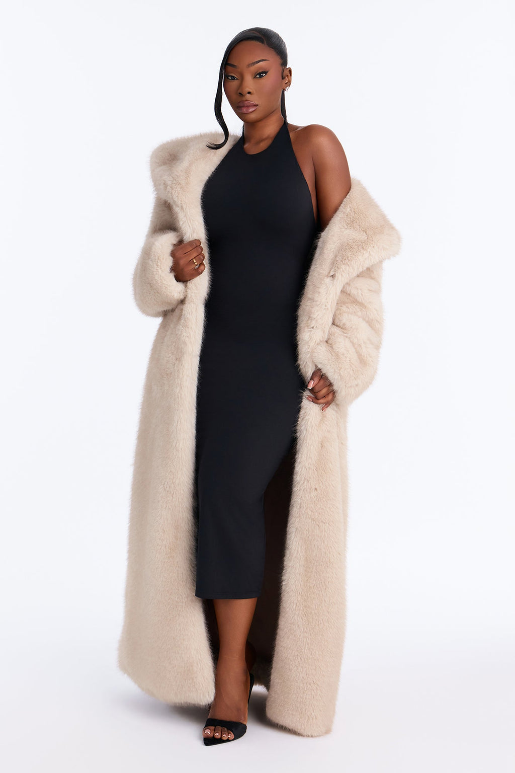 Bella Donna Two Tone Long Faux Fur Coat - Stone