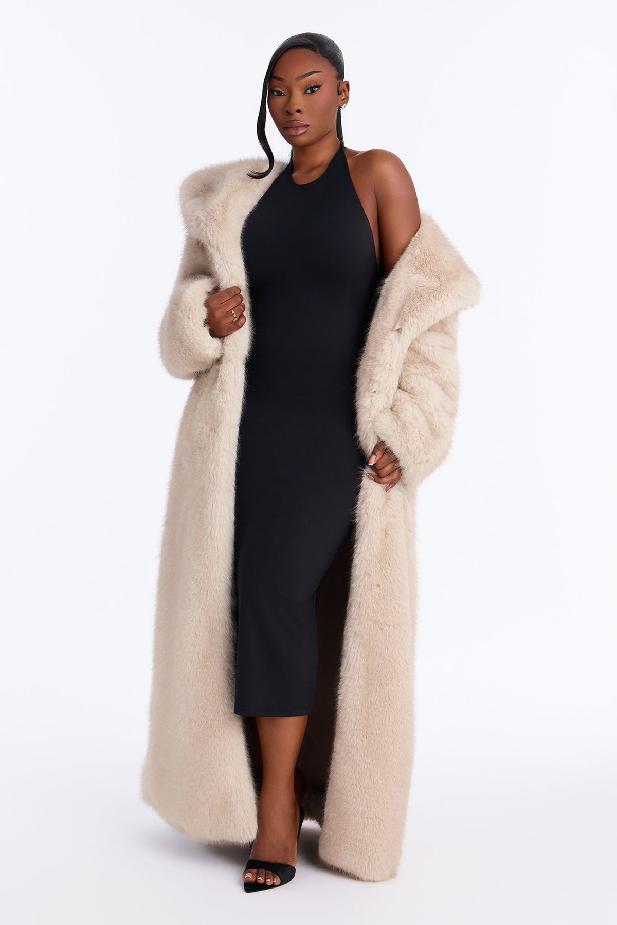 Bella Donna Two Tone Long Faux Fur Coat - Stone