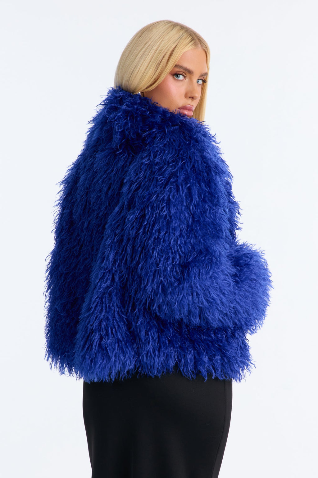 Sierra Shag Faux Fur Long Sleeve Coat - Blue
