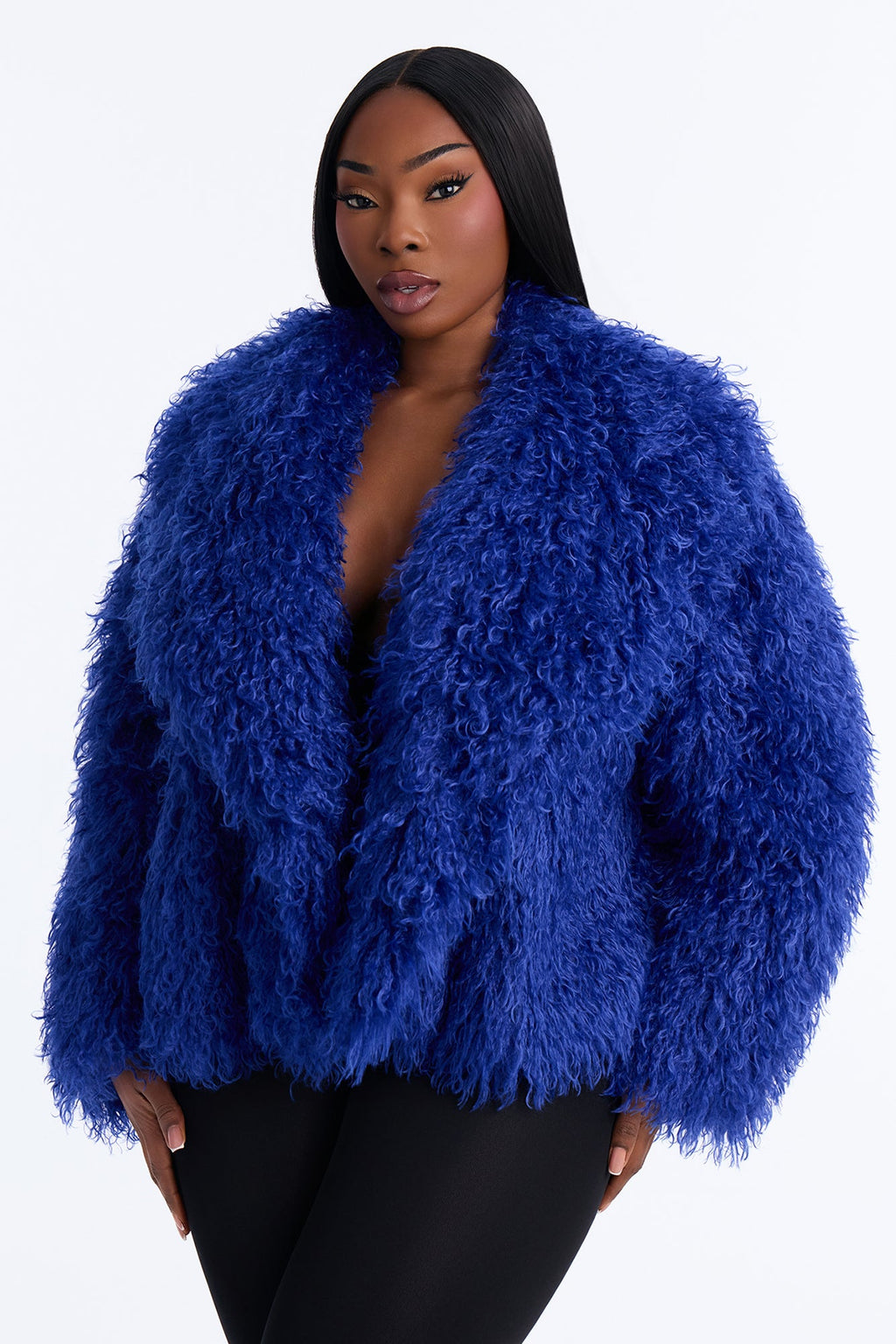Sierra Shag Faux Fur Long Sleeve Coat - Blue