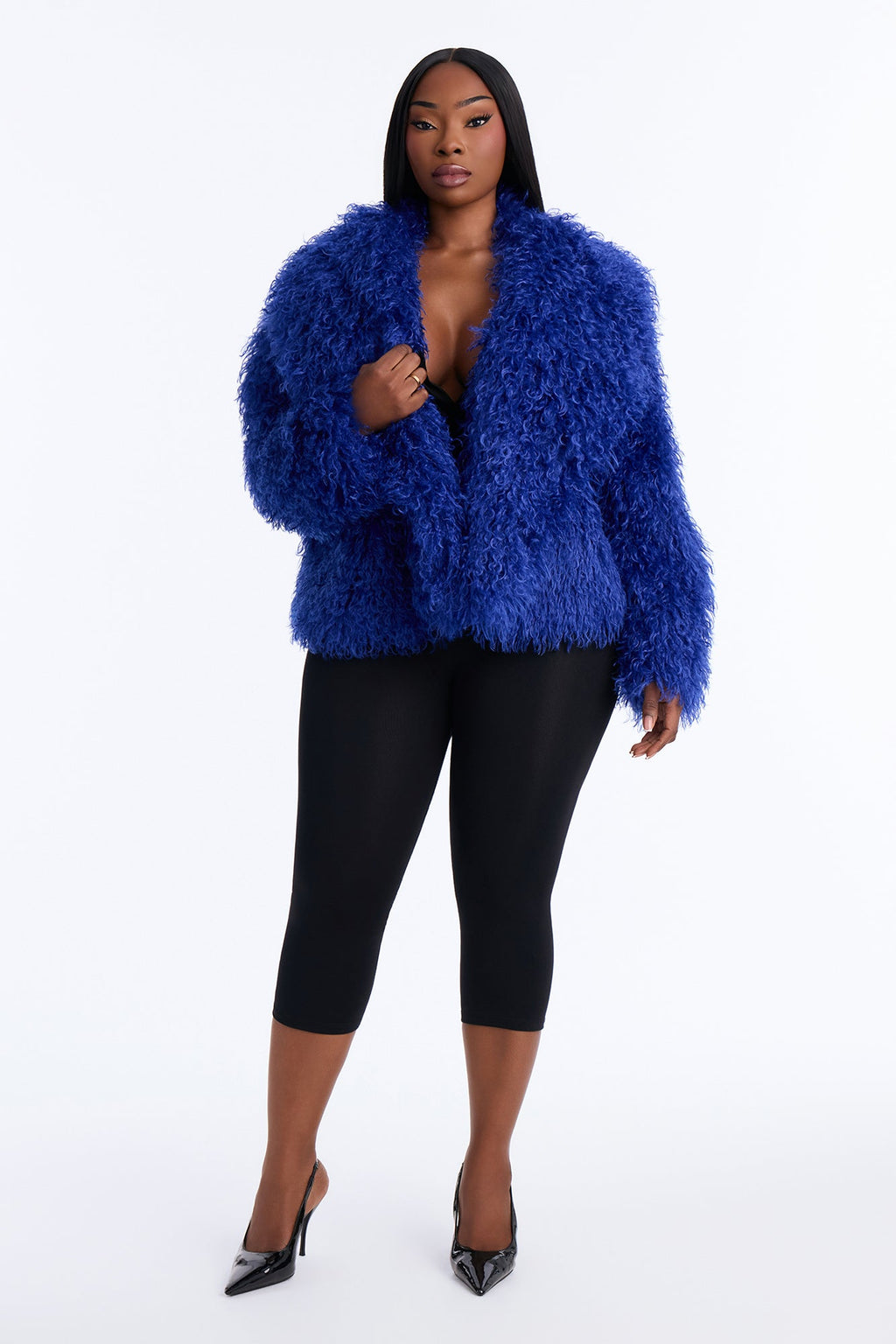Sierra Shag Faux Fur Long Sleeve Coat - Blue