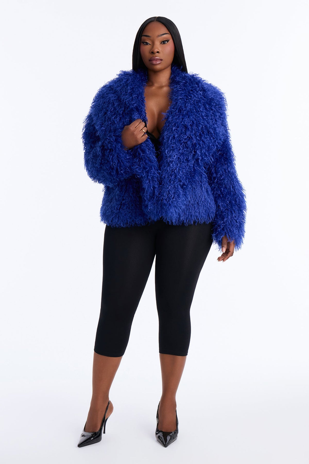 Sierra Shag Faux Fur Long Sleeve Coat - Blue