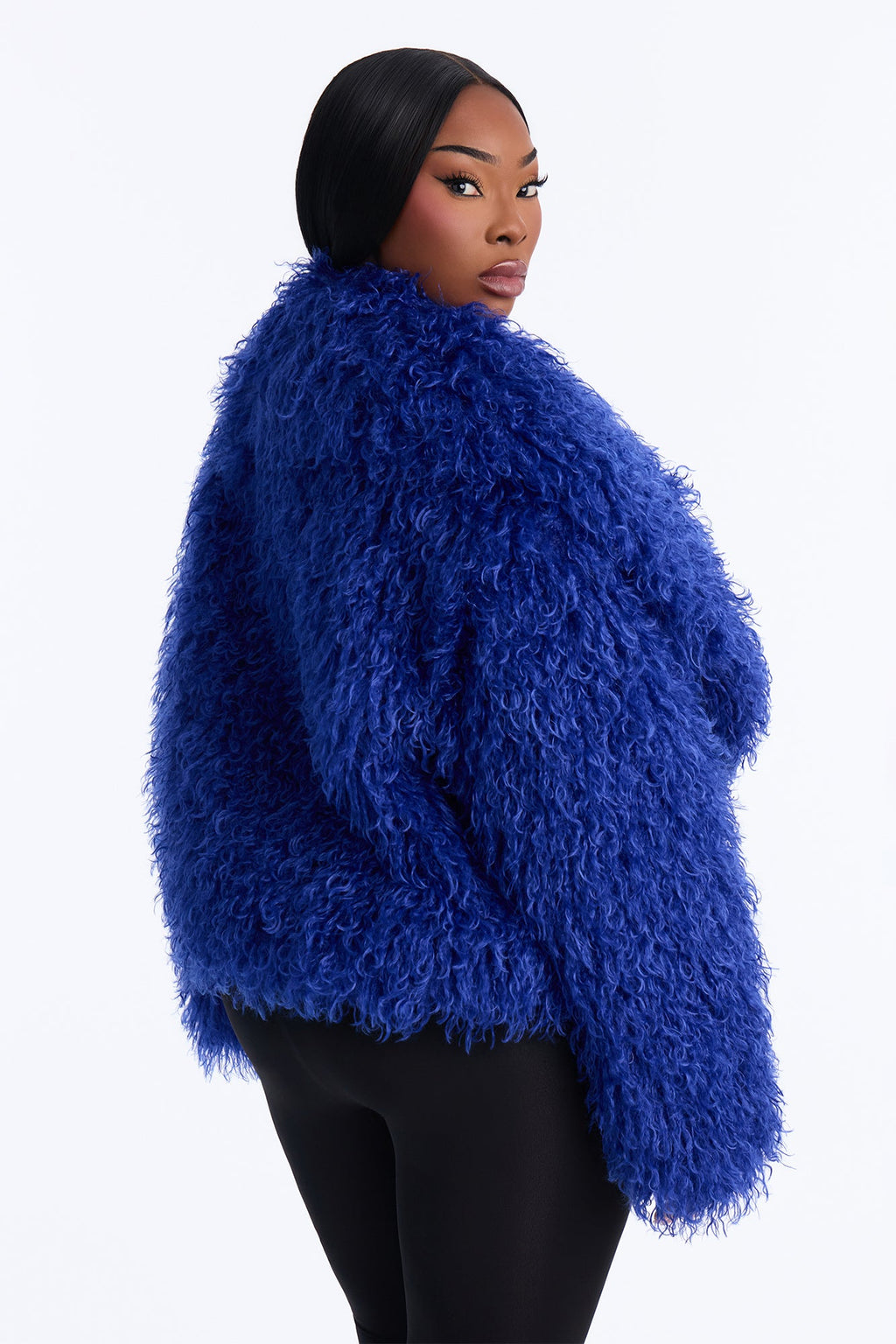 Sierra Shag Faux Fur Long Sleeve Coat - Blue