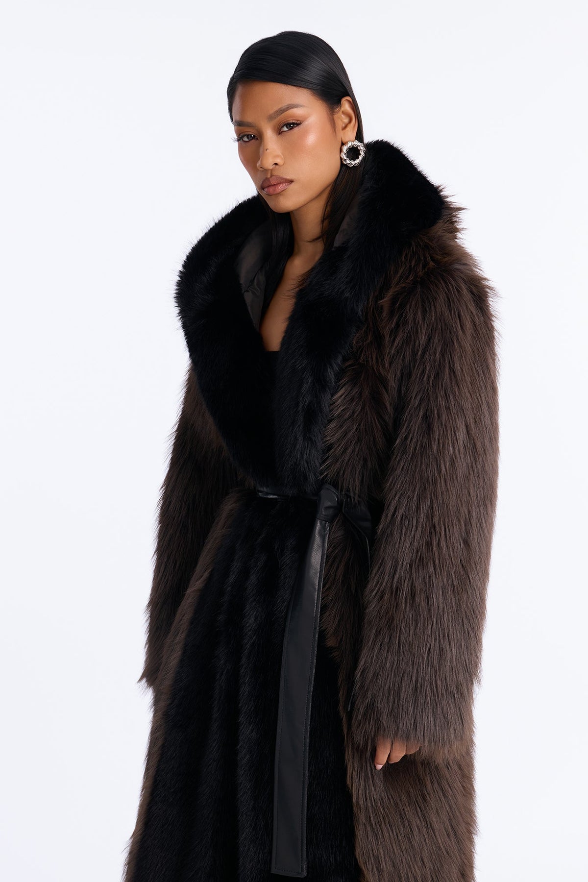 Fur Baby Hooded Tie Waist Coat - Brown