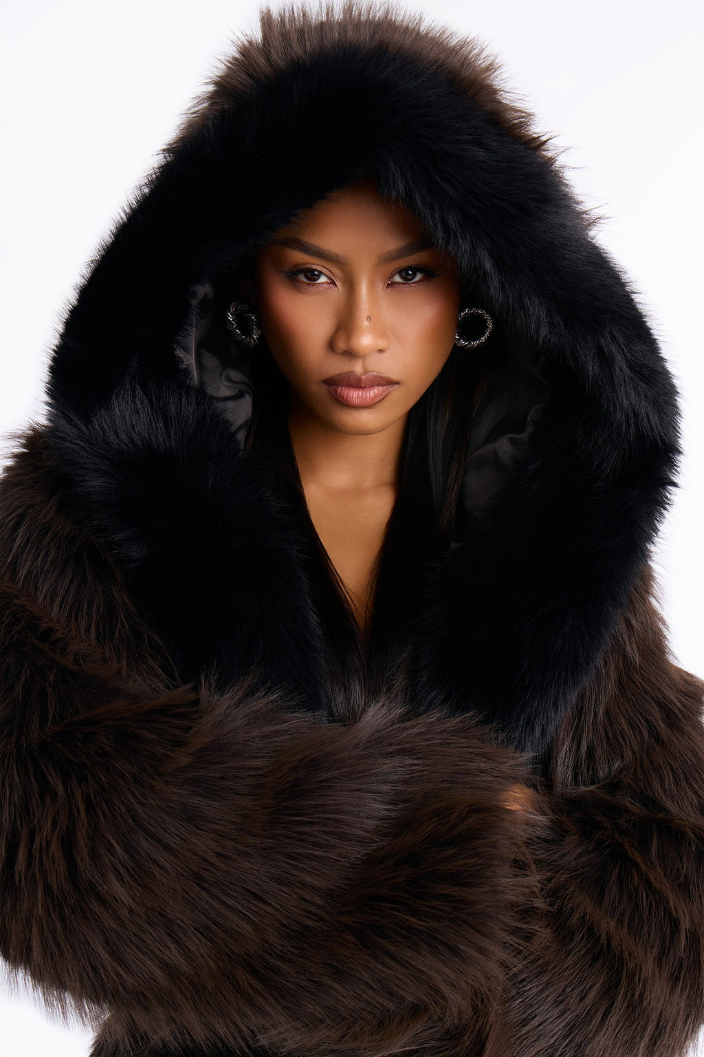 Fur Baby Hooded Tie Waist Coat - Brown