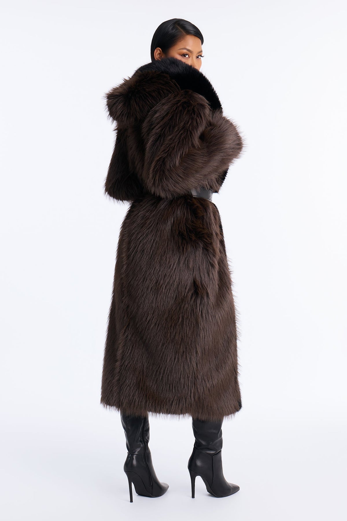 Fur Baby Hooded Tie Waist Coat - Brown