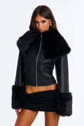 Main Event Fur Trim Faux Leather Cropped Coat - Black