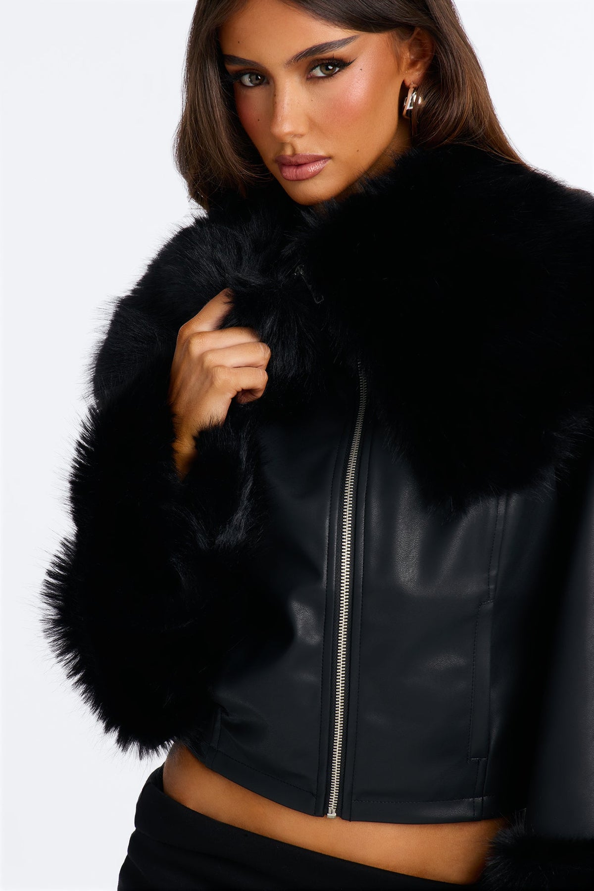 Main Event Fur Trim Faux Leather Cropped Coat - Black