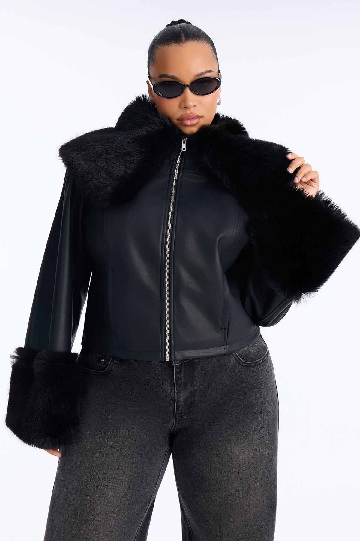Main Event Fur Trim Faux Leather Cropped Coat - Black