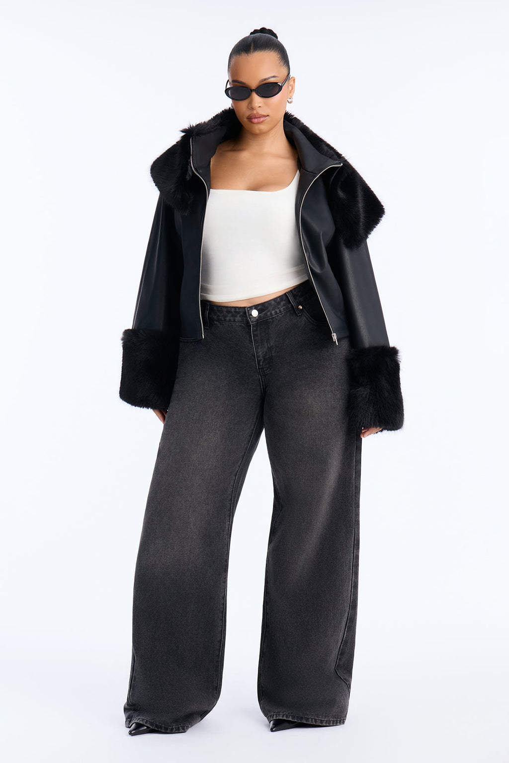 Main Event Fur Trim Faux Leather Cropped Coat - Black
