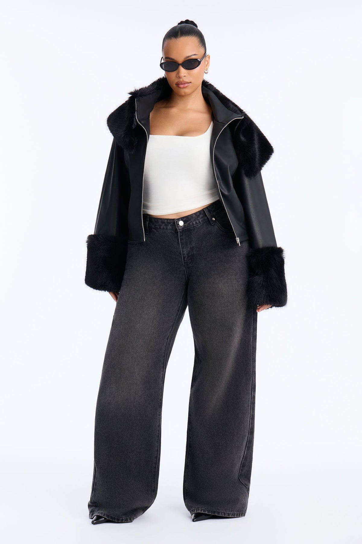Main Event Fur Trim Faux Leather Cropped Coat - Black