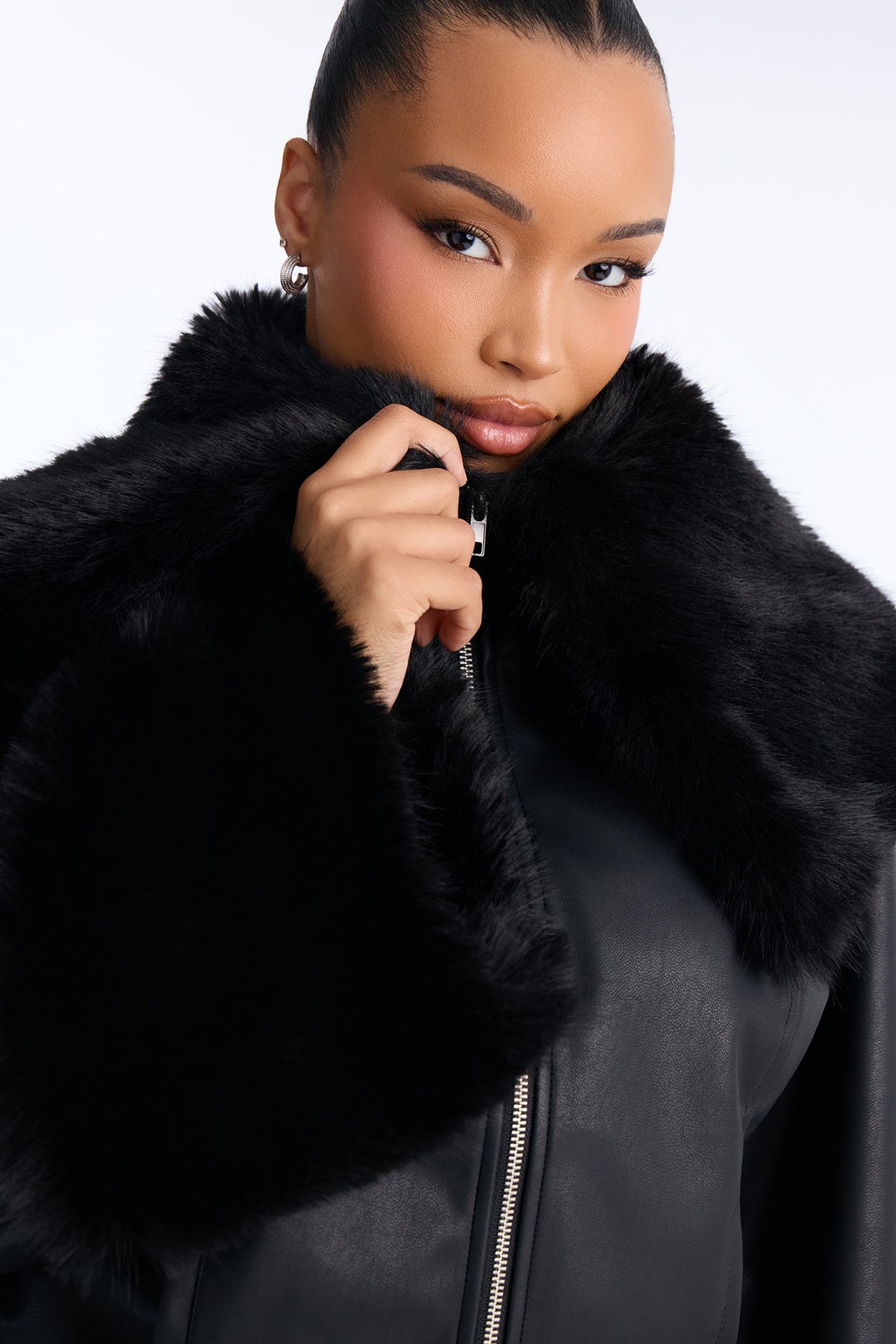 Main Event Fur Trim Faux Leather Cropped Coat - Black