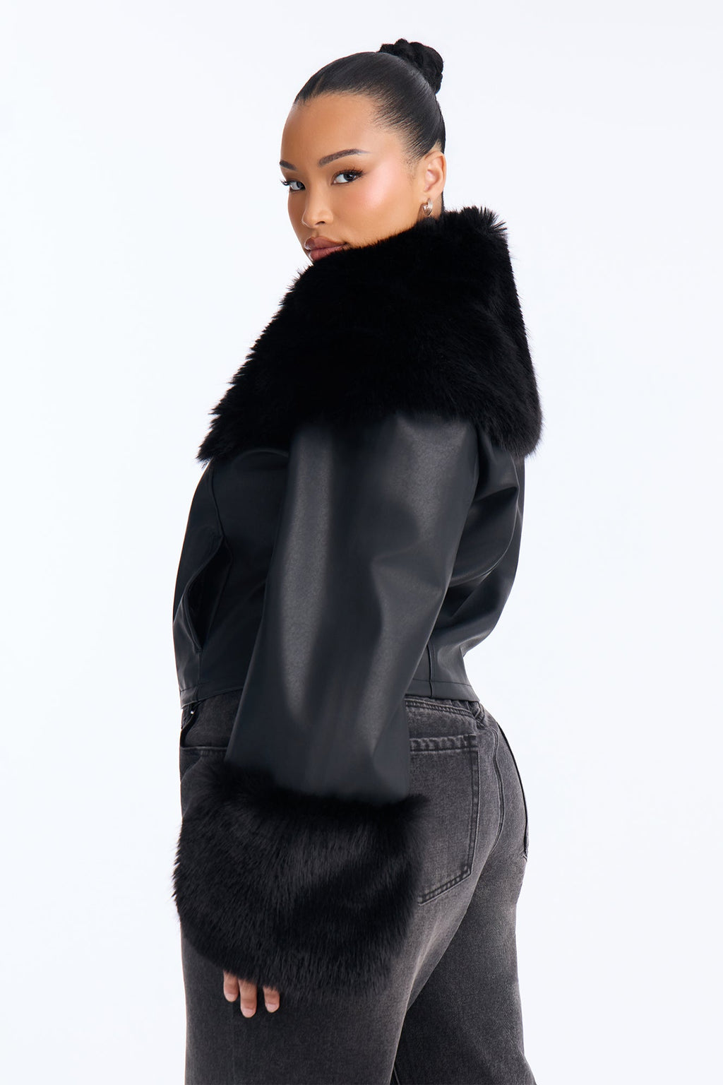 Main Event Fur Trim Faux Leather Cropped Coat - Black