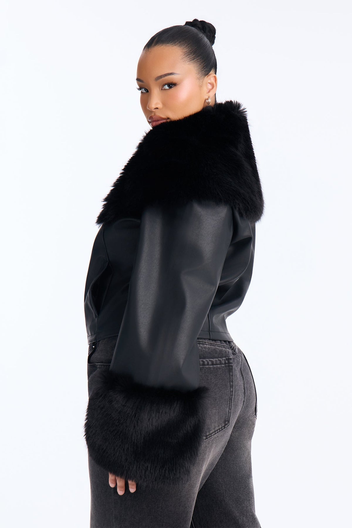 Main Event Fur Trim Faux Leather Cropped Coat - Black