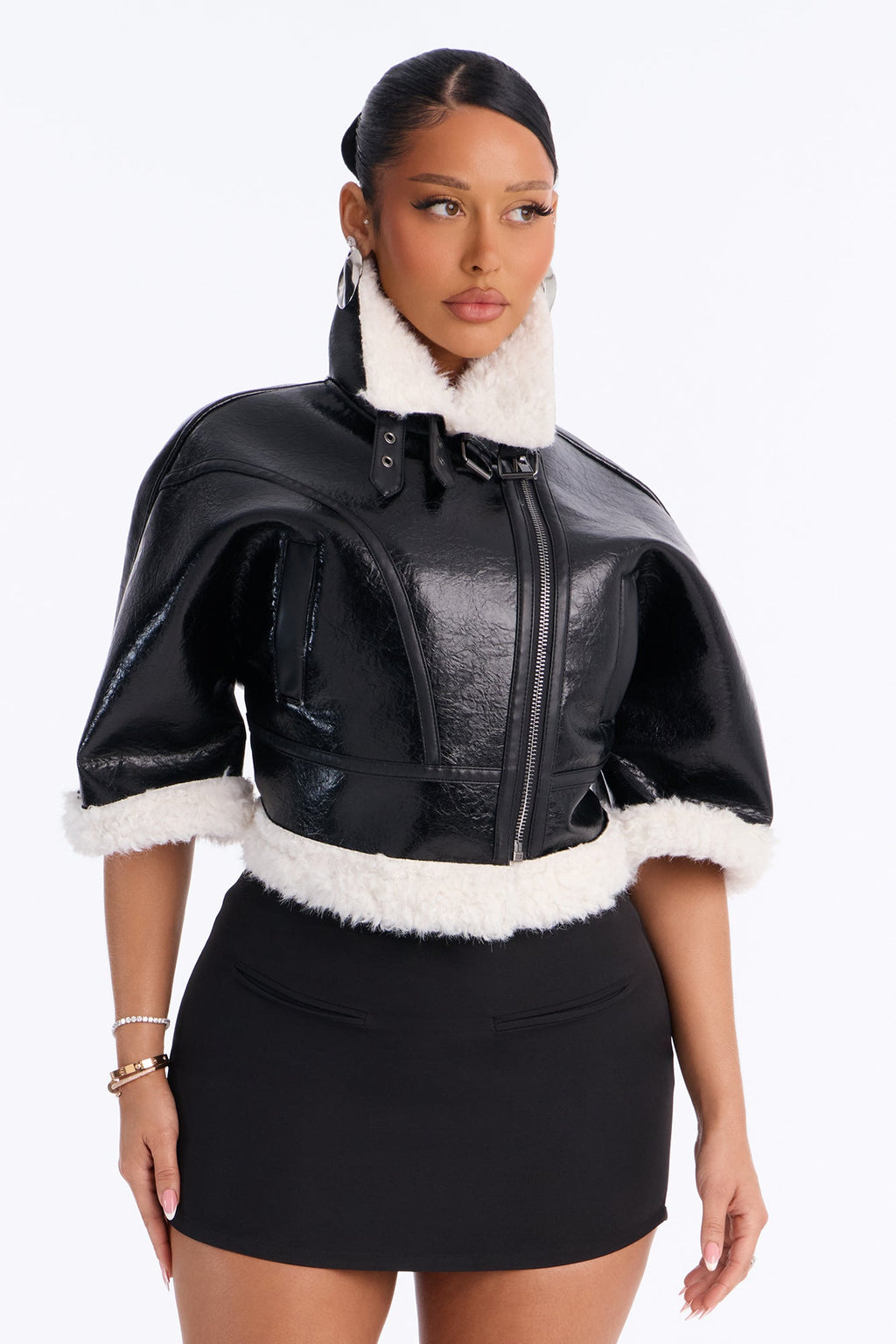 She's Sassy Short Sleeve Faux Leather Cropped Moto Jacket - Black