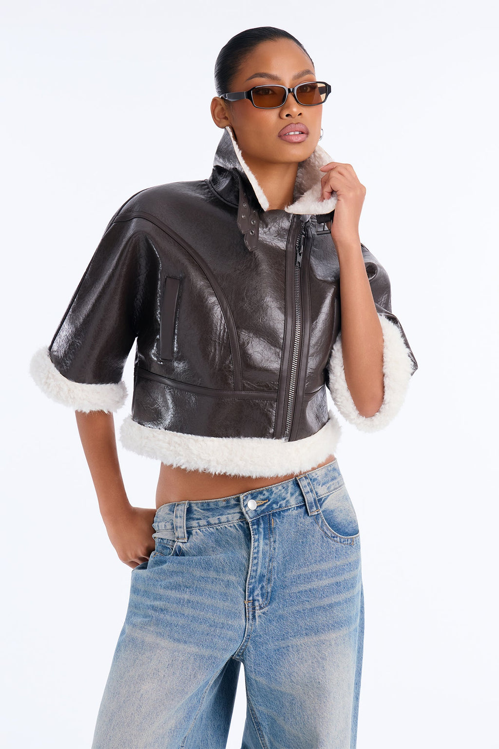 She's Sassy Short Sleeve Faux Leather Cropped Moto Jacket - Brown
