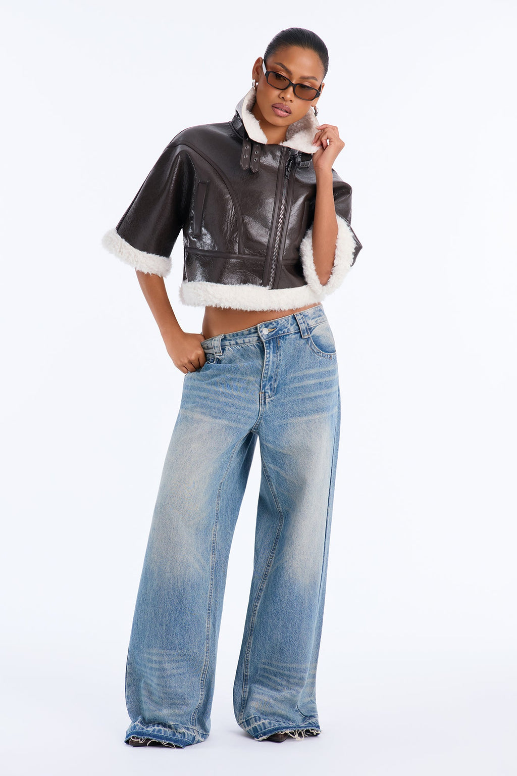 She's Sassy Short Sleeve Faux Leather Cropped Moto Jacket - Brown