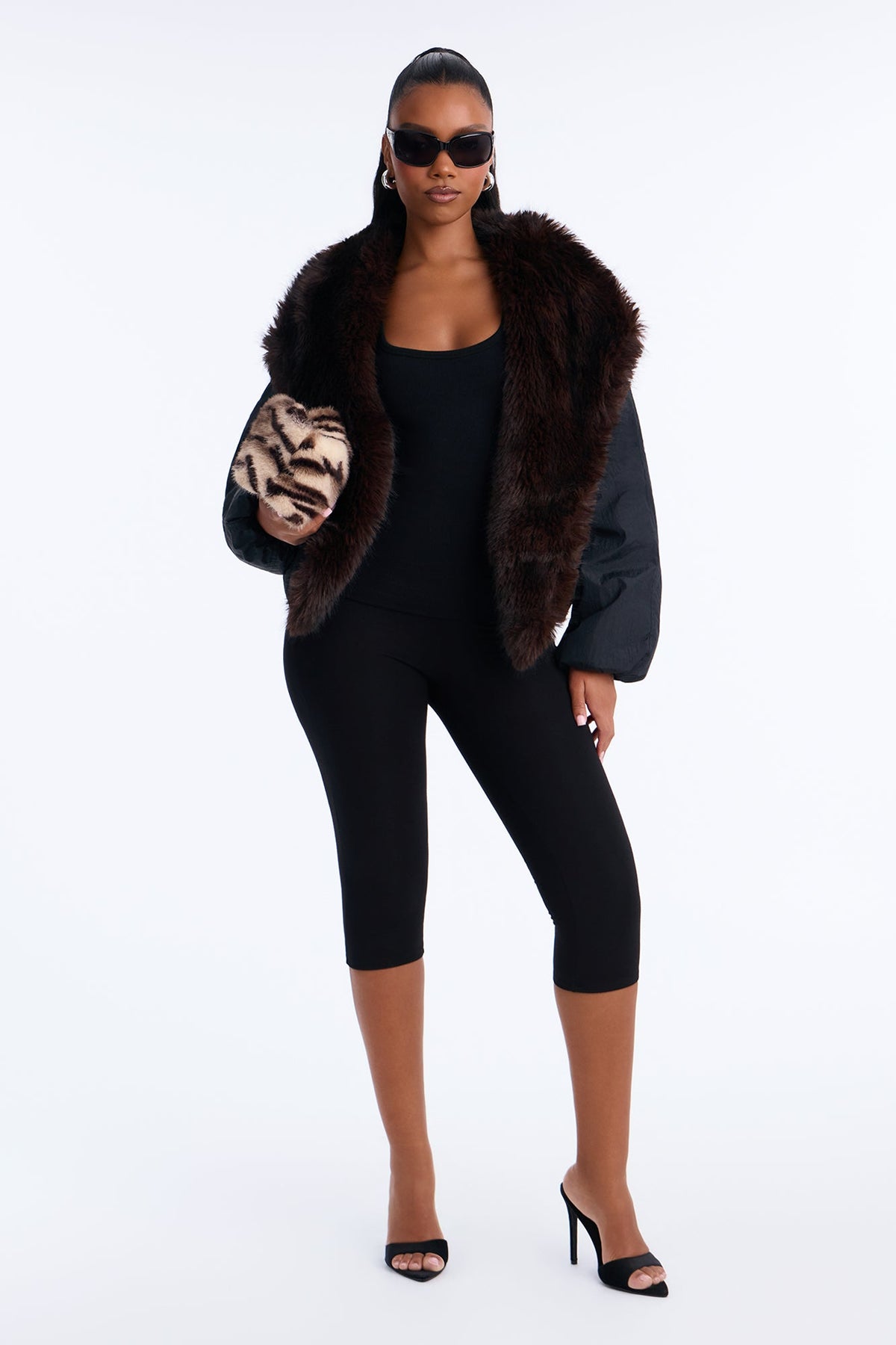 Lexi Wide Fur Collar Puffer Bomber Jacket - Black