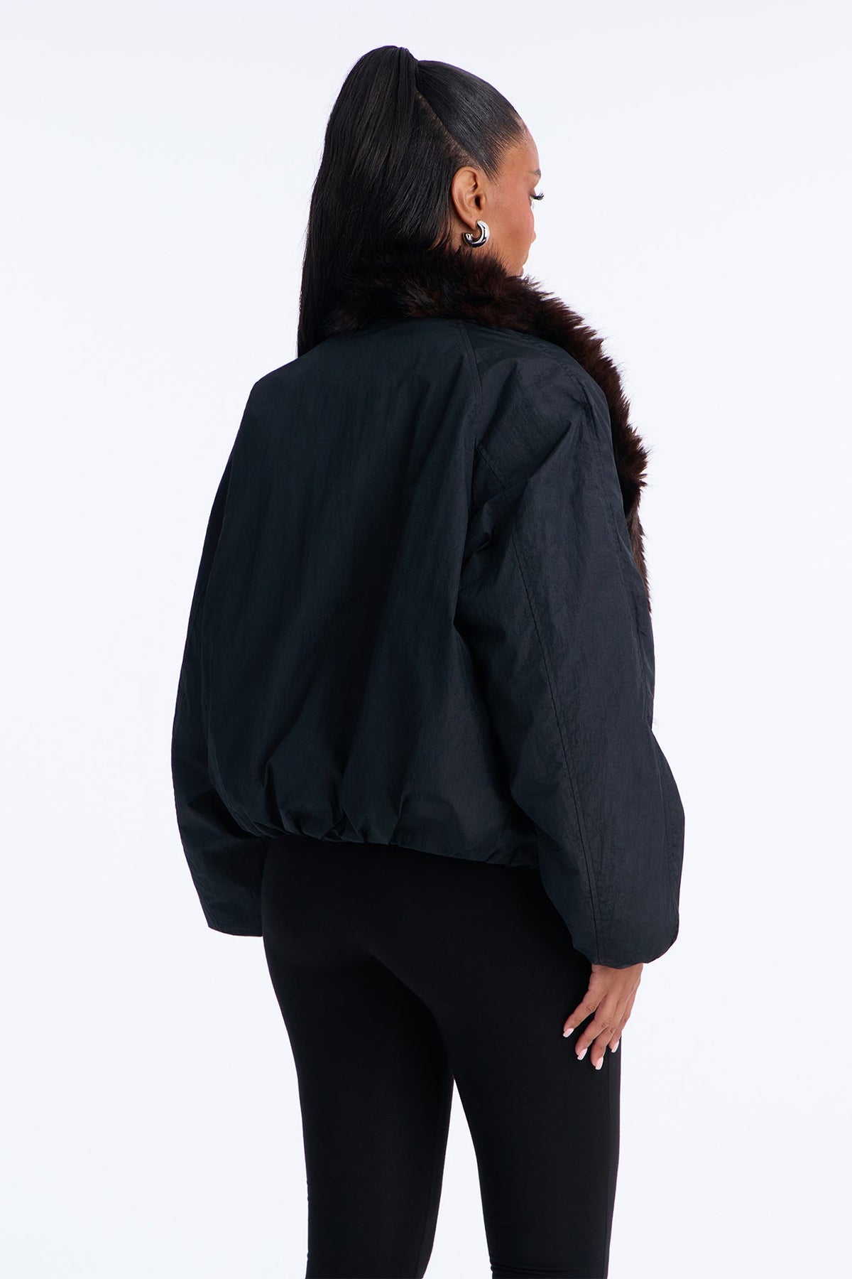 Lexi Wide Fur Collar Puffer Bomber Jacket - Black