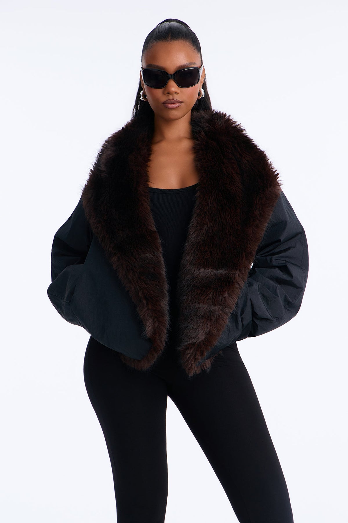 Lexi Wide Fur Collar Puffer Bomber Jacket - Black