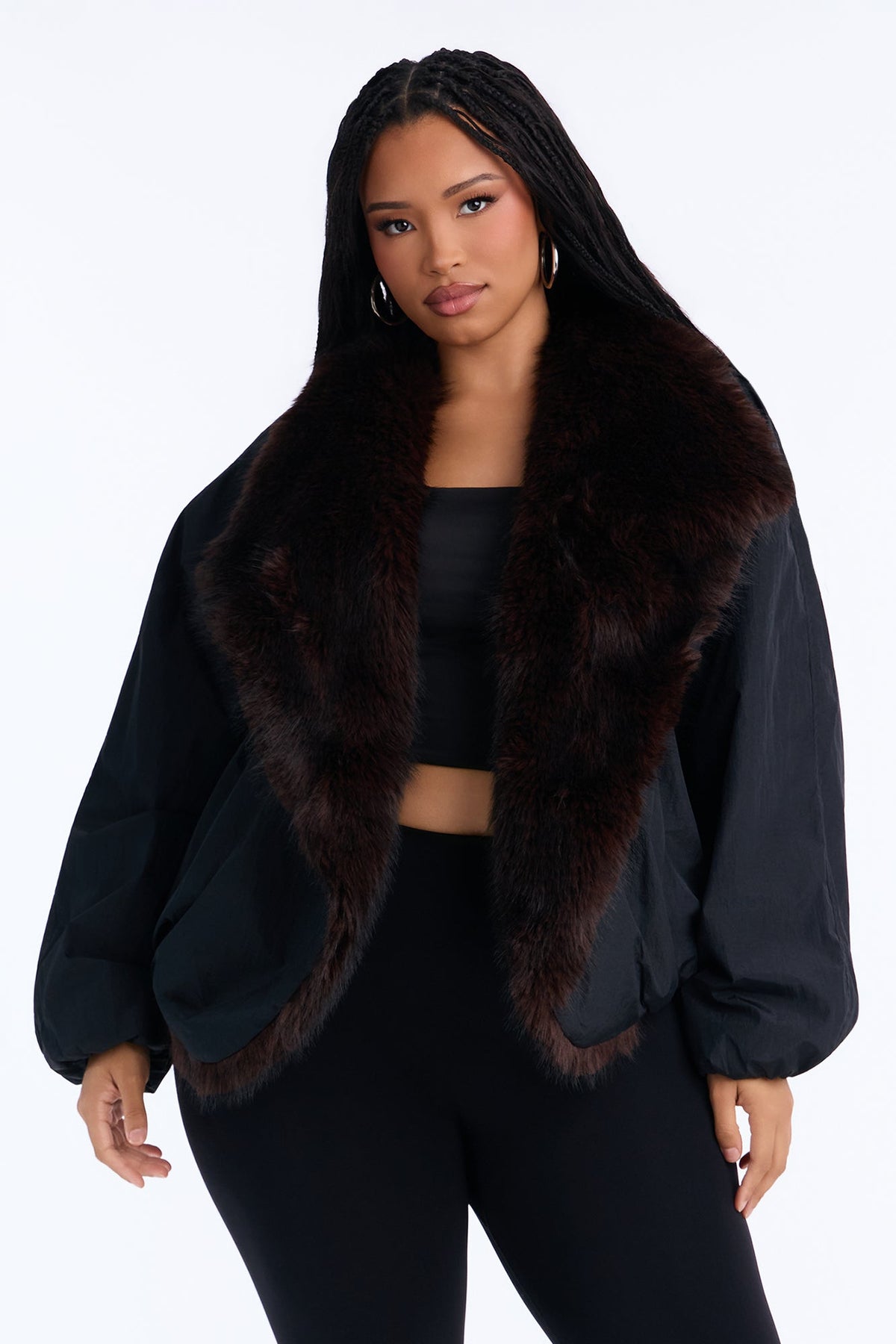 Lexi Wide Fur Collar Puffer Bomber Jacket - Black