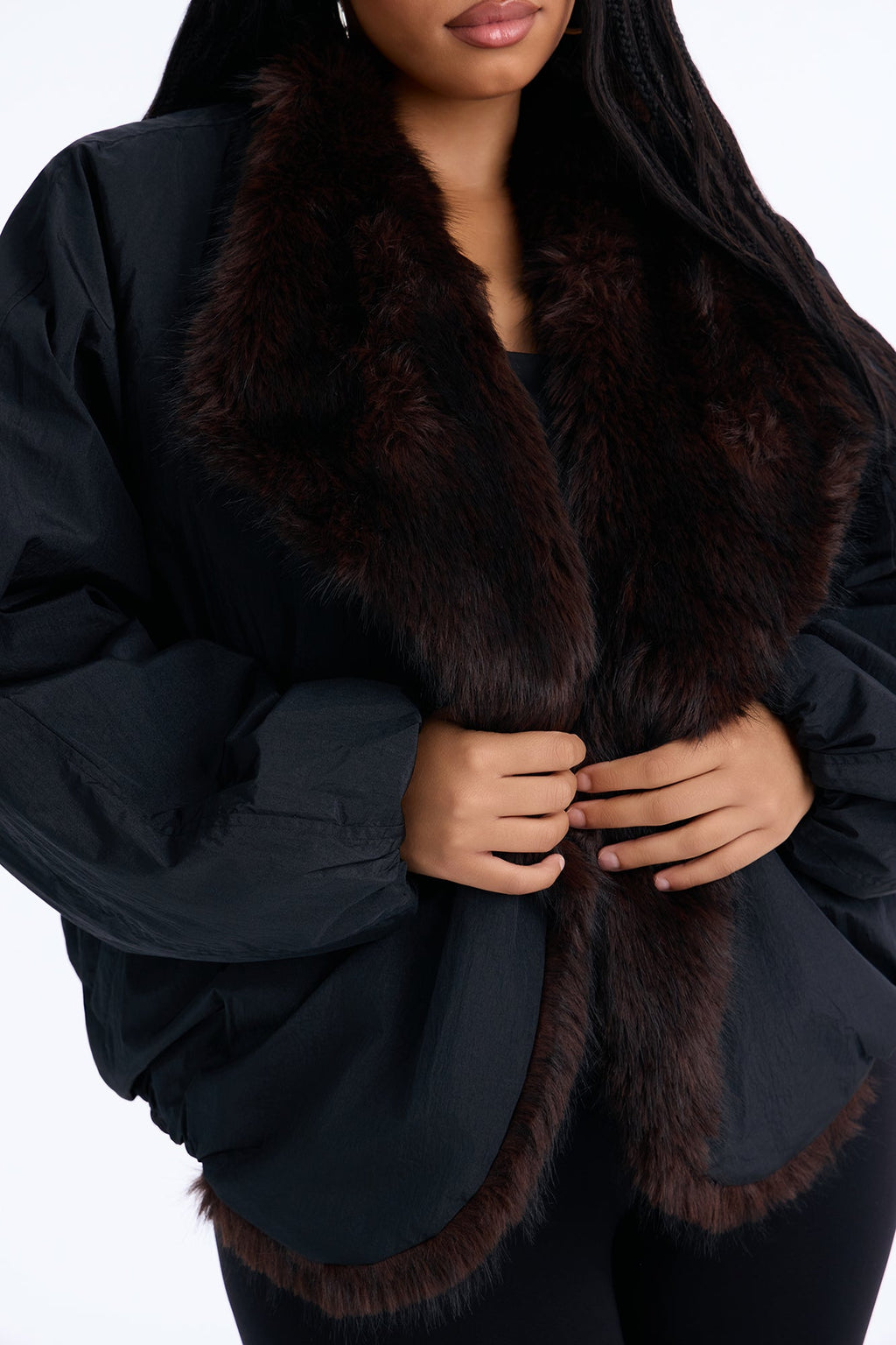 Lexi Wide Fur Collar Puffer Bomber Jacket - Black