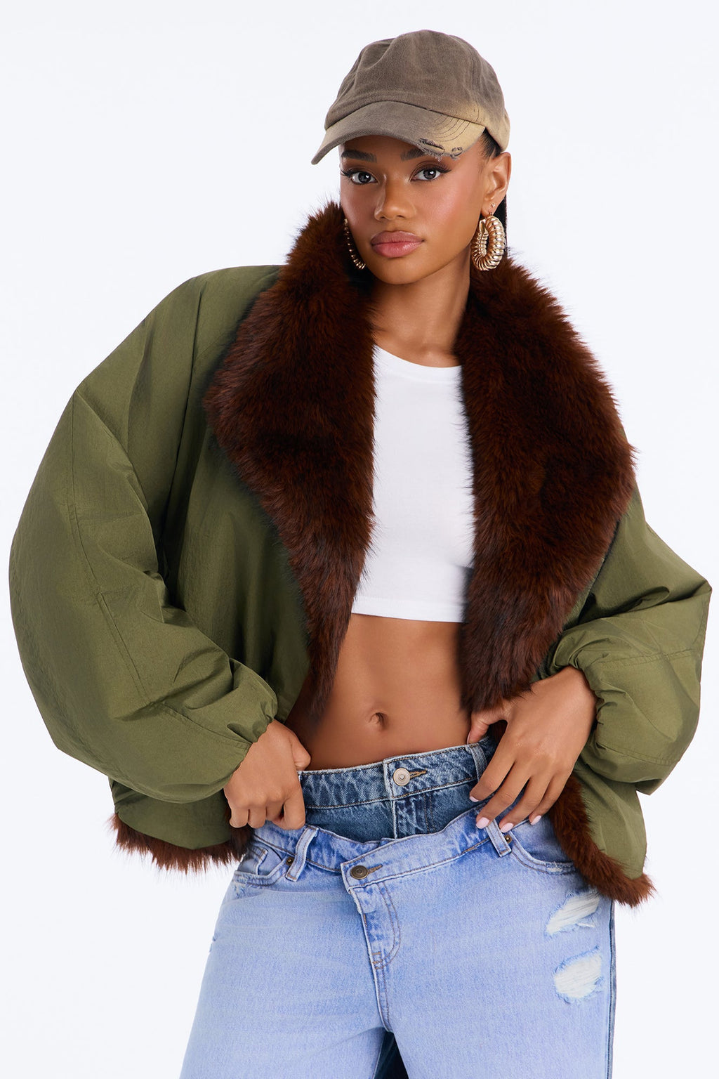 Lexi Wide Fur Collar Puffer Bomber Jacket - Olive