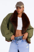 Lexi Wide Fur Collar Puffer Bomber Jacket - Olive