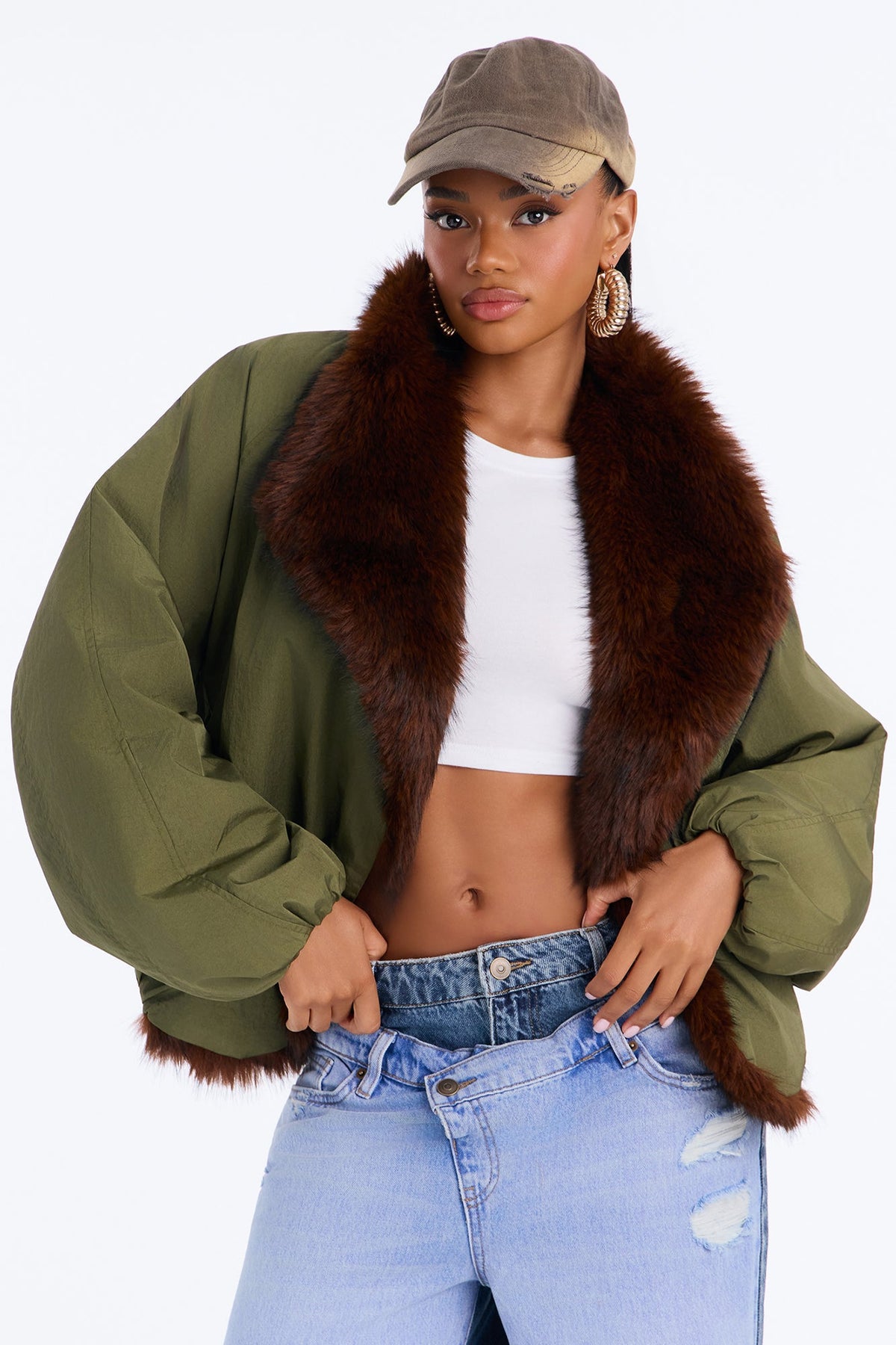Lexi Wide Fur Collar Puffer Bomber Jacket - Olive