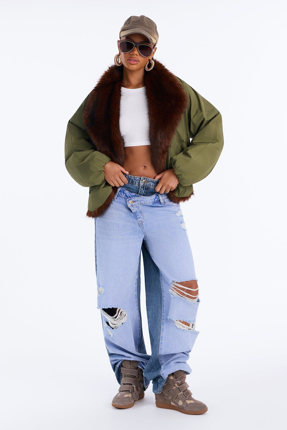 Lexi Wide Fur Collar Puffer Bomber Jacket - Olive