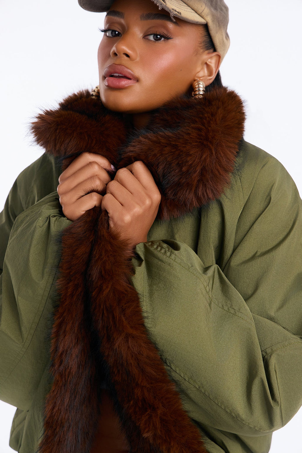 Lexi Wide Fur Collar Puffer Bomber Jacket - Olive