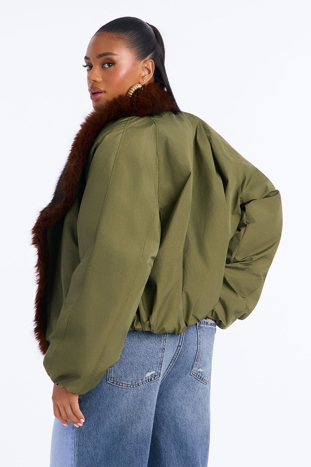 Lexi Wide Fur Collar Puffer Bomber Jacket - Olive