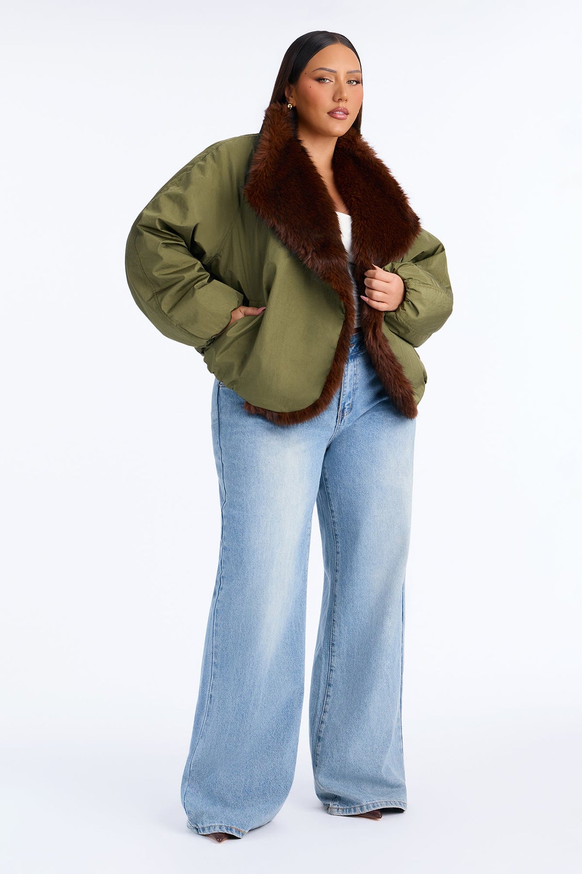 Lexi Wide Fur Collar Puffer Bomber Jacket - Olive