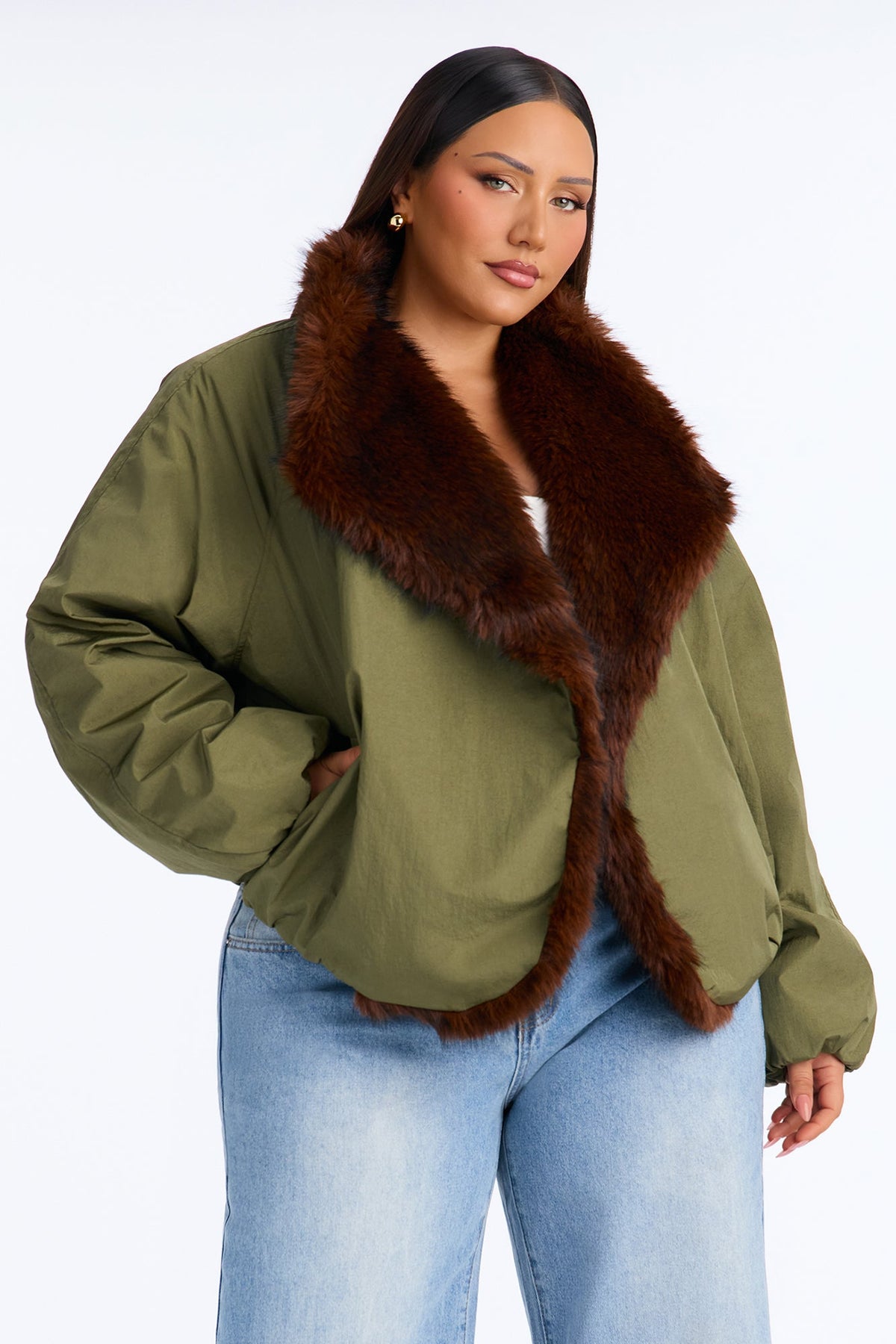 Lexi Wide Fur Collar Puffer Bomber Jacket - Olive