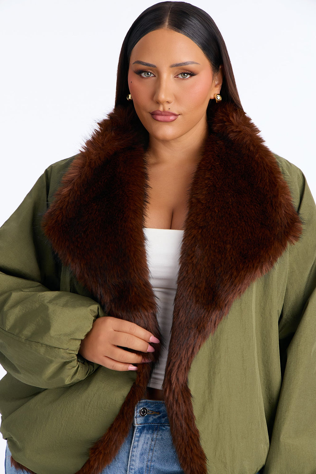 Lexi Wide Fur Collar Puffer Bomber Jacket - Olive