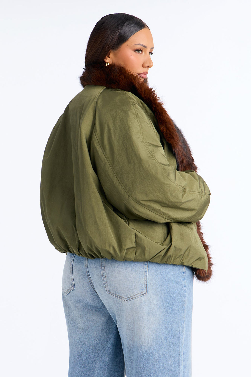 Lexi Wide Fur Collar Puffer Bomber Jacket - Olive