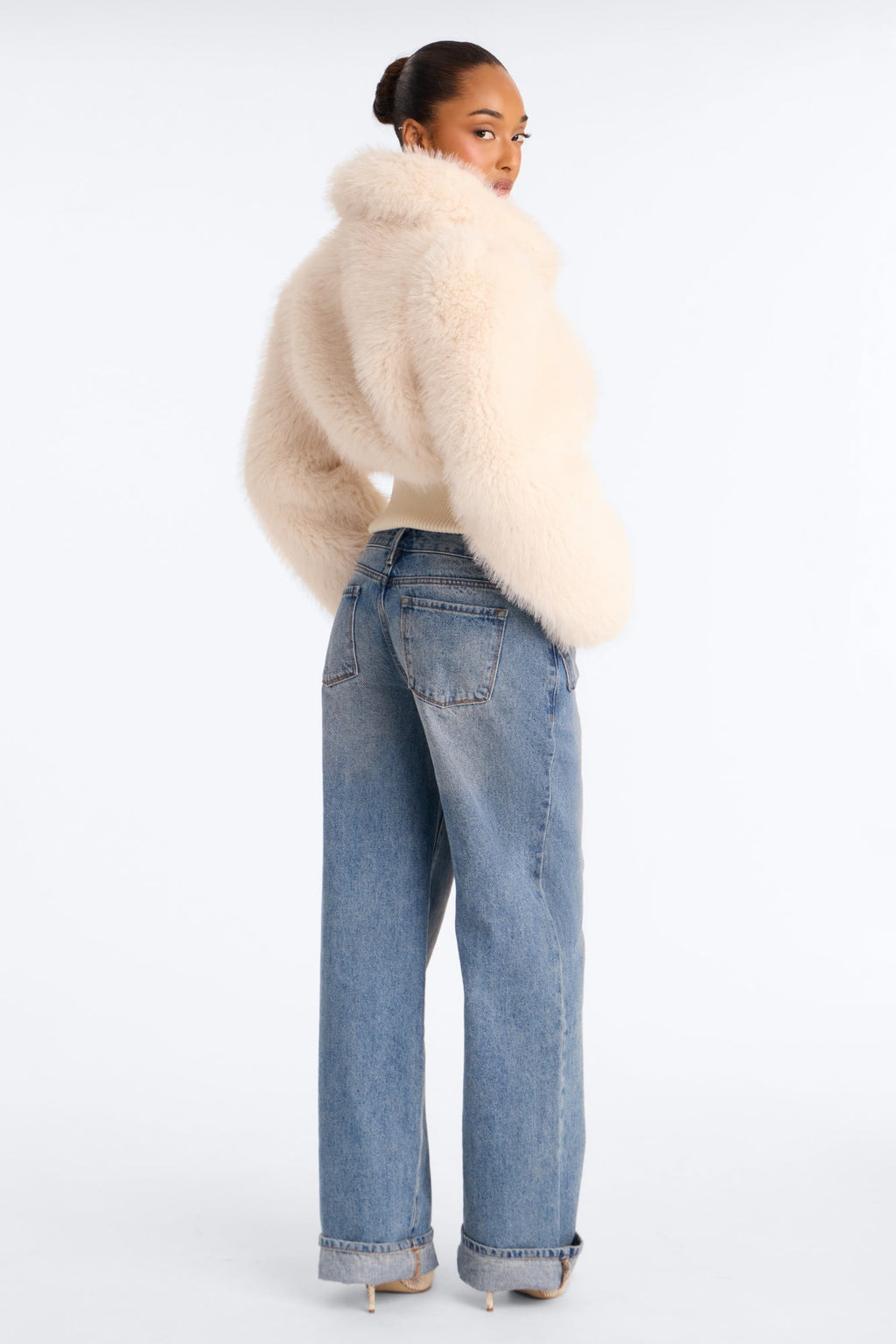 Janice Fitted Waist Faux Fur Bomber Jacket - Beige