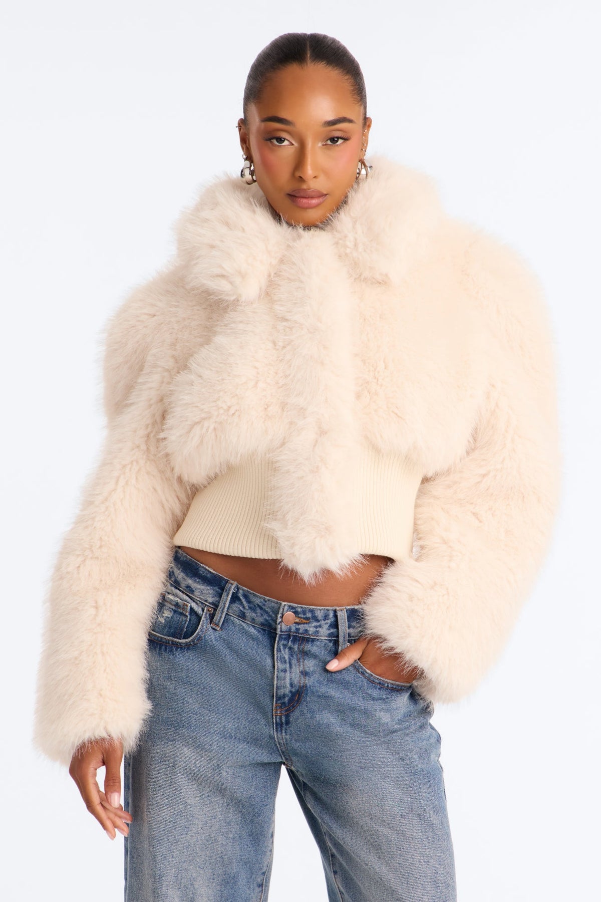 Janice Fitted Waist Faux Fur Bomber Jacket - Beige